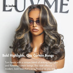 Curtain Bangs Blonde Highlight Loose Wave Glueless 5x5 Closure Pre-Cut Lace Wig All Head Sizes Fit Cap - US Only