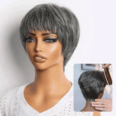 Salt & Pepper 100% Human Hair Short Pixie Cut Glueless Wig with Bangs Ultra Comfort Skin-Like Soft Care Hair Loss Friendly