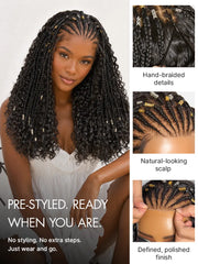 Natural Black Boho Cornrow Braids 13x4 Frontal Lace Deep Curly Long Wig Pre-cut Lace