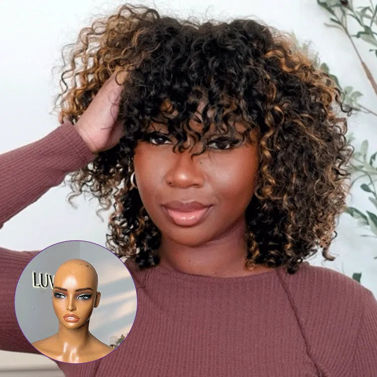 1 SEC INSTALL WIG | Brown Highlight / Natural Black Water Wave Natural Scalp Glueless Minimalist Lace Short Curly Wig with Bangs