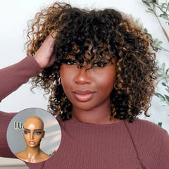 1 SEC INSTALL WIG | Brown Highlight / Natural Black Water Wave Natural Scalp Glueless Minimalist Lace Short Curly Wig with Bangs