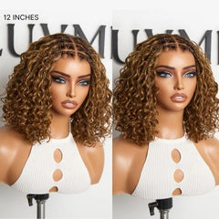Readitress™ Ombre Brown Highlight Boho Braids Deep Curly Glueless 5x5 Closure Lace with Braided Top Human Hair Wig Pre-Cut Lace