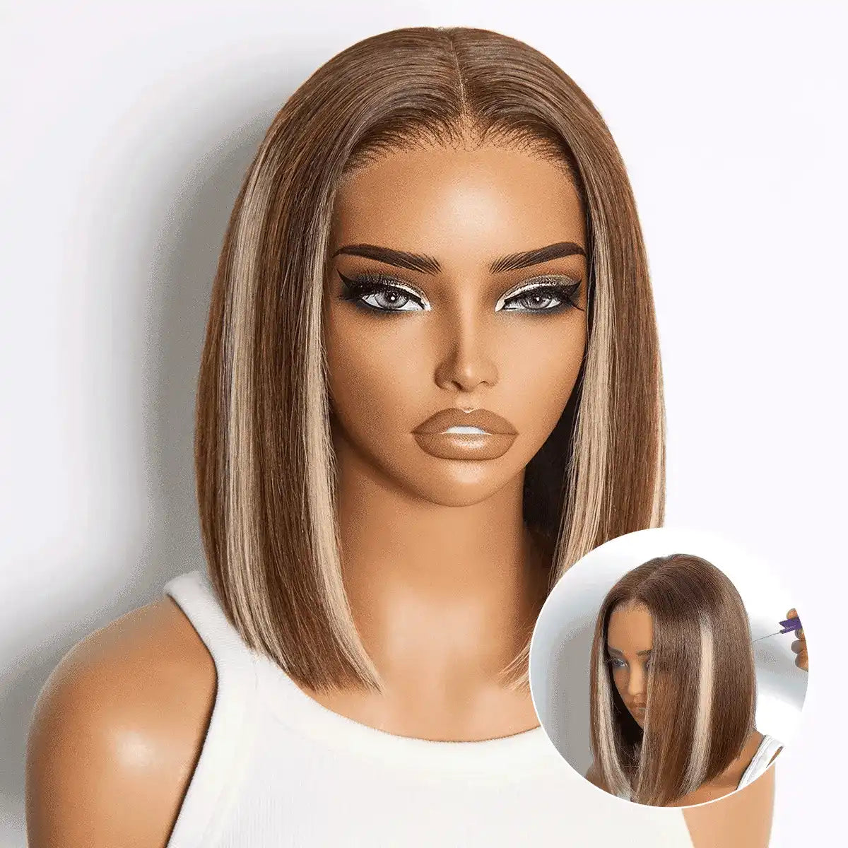 Ash Blonde Highlight Glueless 5x5 HD Closure Lace Bob Wig Pre-Cut Lace Flexi-Fit Drawstring Cap