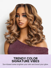 Sun-Kissed Warm Tone Brown with Blonde Highlights 180% Density Loose Wave Glueless 5x5 Closure Lace Wig Pre-Cut Lace