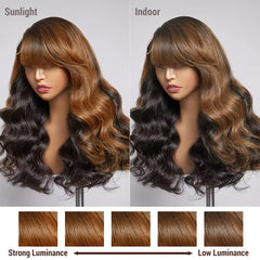 Brown Mix Black / Natural Black C Part Glueless Loose Wave 5x5 Closure Wig with Bangs - US Only